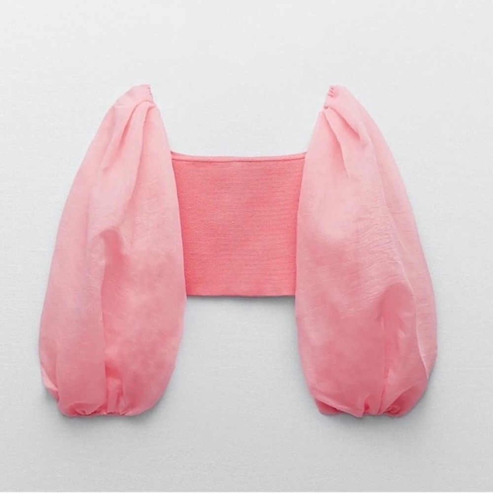 ZARA Top Pink Organza Sleeve Shirt Combination Crop Top Size M • NEW WITH TAGS • - Picture 10 of 15